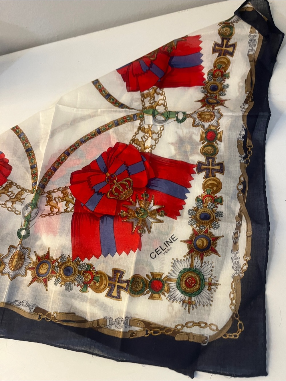 New Celine cotton Scarf with Red and Navy Medal Motif
